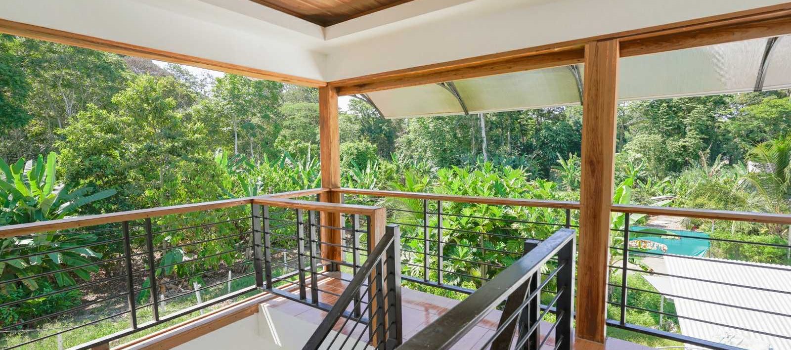 Balcony railing opening onto dense jungle